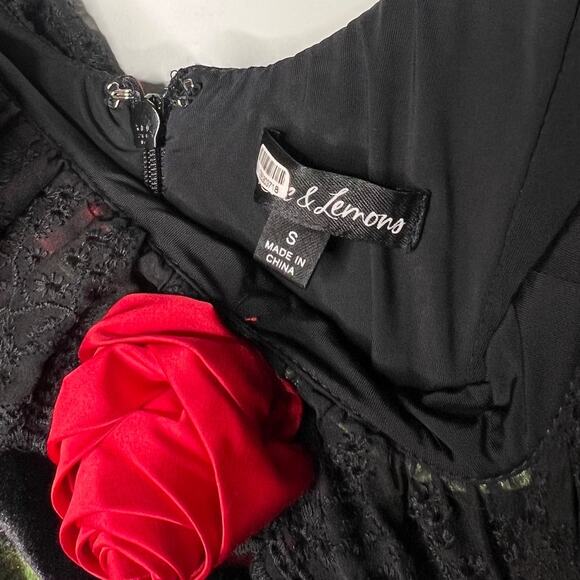 For Love & Lemons Black Velvet Red Floral Yara Mini Dress Size Small - Picture 4 of 7